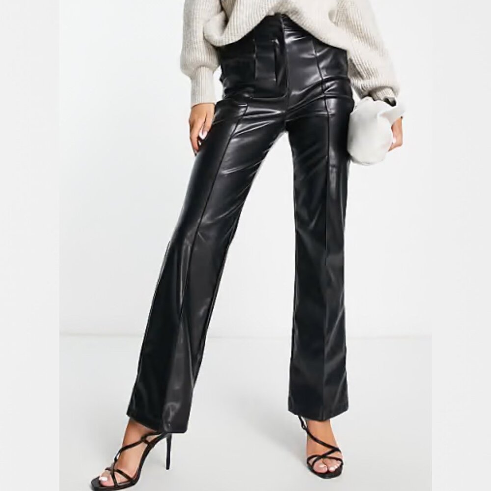 ASOS DESIGN Leather Look Straight Leg Pants Size 12 Black High Rise Pockets